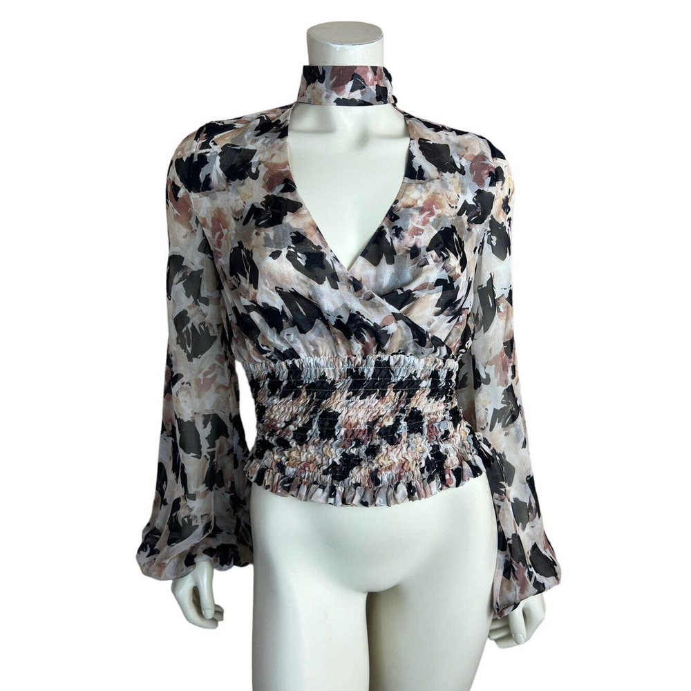 Caroline Constas Sonya Smocked Silk Blouse Top S Print Balloon Sleeves Faux Wrap